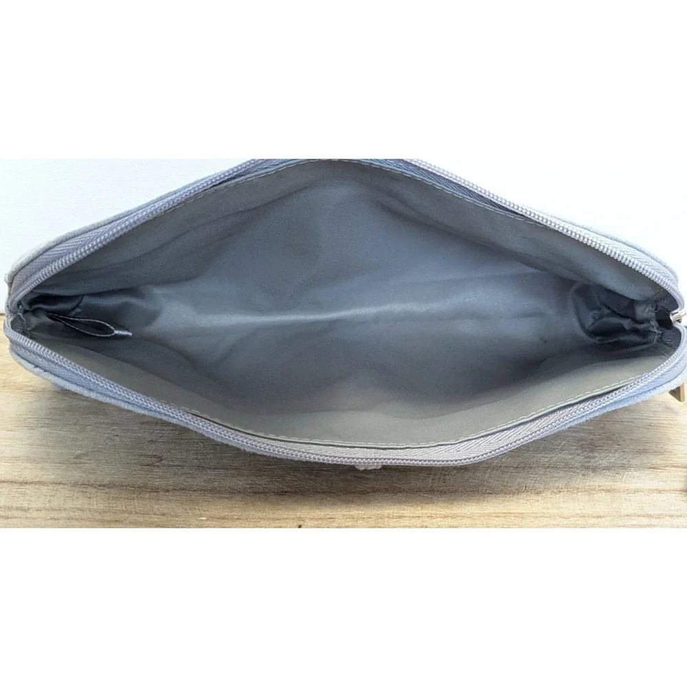 Estee Lauder Faux Suede Gray Cosmetic Zipper Bag Pouch Clutch + Travel Mirror